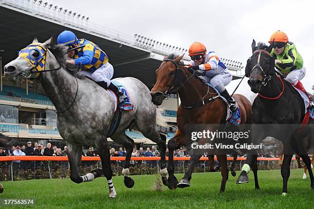 Ben Melham riding Chosen to Fly, Kayla Nisbet riding Pocket Rockets and Craig Williams riding Commanding Jewel in the 1Print.com.au Carlyon Stakes...