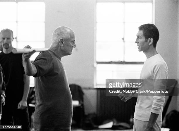British actors Steven Berkoff and Greg Hicks in a rehearsal for the production of "The Messiah" at the Toynbee Hall Studios in London, England in...