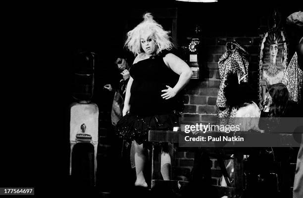 American actor Divine on stage in a performance of the play 'The Neon Woman' at the Park West Theater, Chicago, Illinois, December 1, 1979.