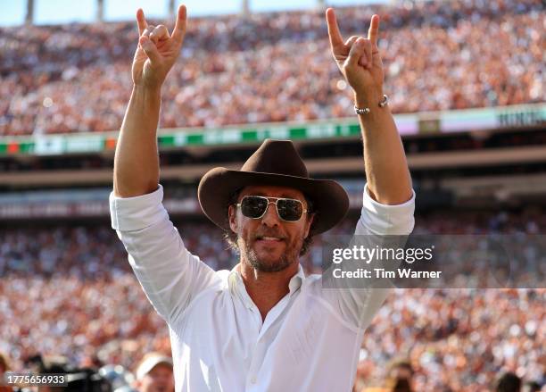 Actor Matthew McConaughey attends the game between the Texas Longhorns and the Kansas State Wildcats at Darrell K Royal-Texas Memorial Stadium on...