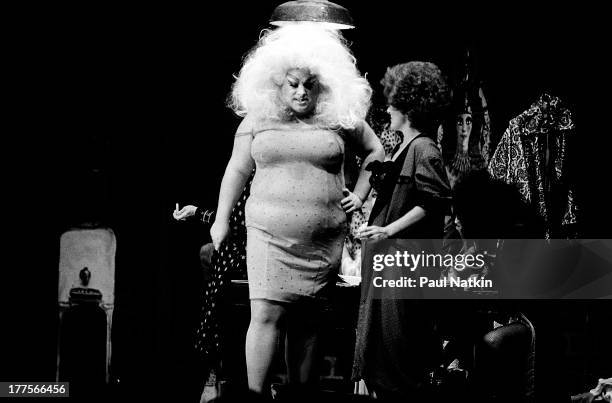 American actor Divine on stage in a performance of the play 'The Neon Woman' at the Park West Theater, Chicago, Illinois, December 1, 1979.