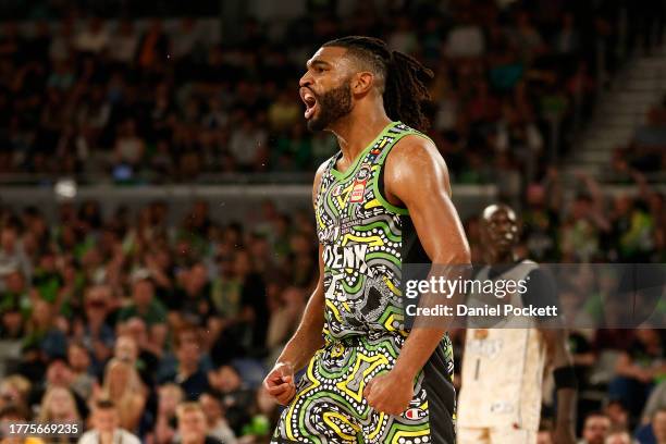 Alan Williams of the Phoenix celebrates after blocking Bobi Klintman of the Taipans during the round six NBL match between South East Melbourne...