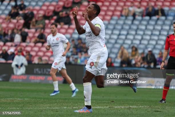 Marcelo of the Wanderers celebrates his goal during the A-League Men round three match between Newcastle Jets and Western Sydney Wanderers at...