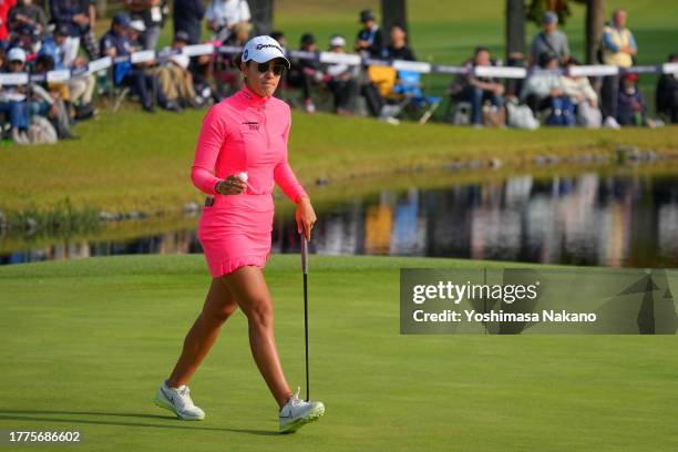 Maria Fassi of Mexico acknowledges the gallery after holing out on the 18th green during the final round of the TOTO Japan Classic at the Taiheiyo...