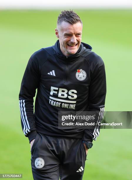 Leicester City's Jamie Vardy laughs on the field ahead of the Sky Bet Championship match between Middlesbrough and Leicester City at Riverside...