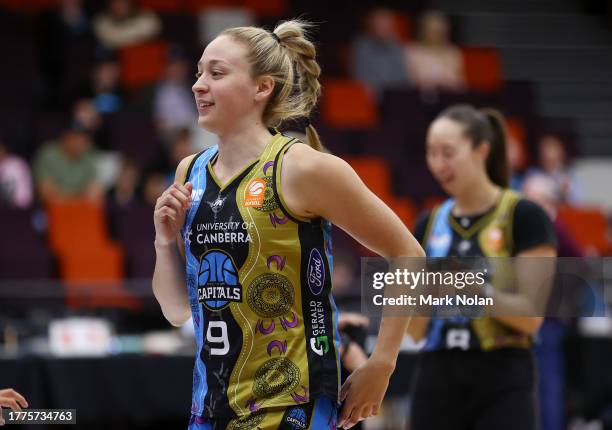 Alex Sharp of the Capitals warms up before the round one WNBL match between UC Capitals and Adelaide Lightning at National Convention Centre, on...