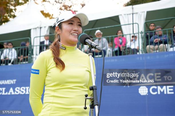 Mone Inami of Japan is interviewed after winning the tournament following the final round of the TOTO Japan Classic at the Taiheiyo Club's Minori...