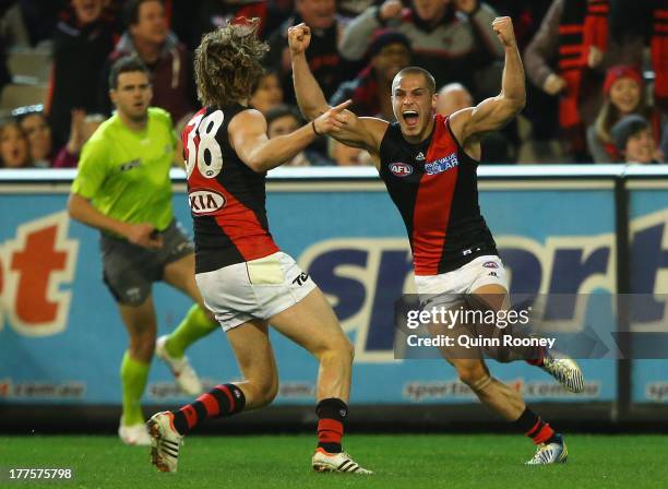 David Zaharakis of the Bombers celebrates kicking the winning goal during the round 22 AFL match between the Carlton Blues and the Essendon Bombers...