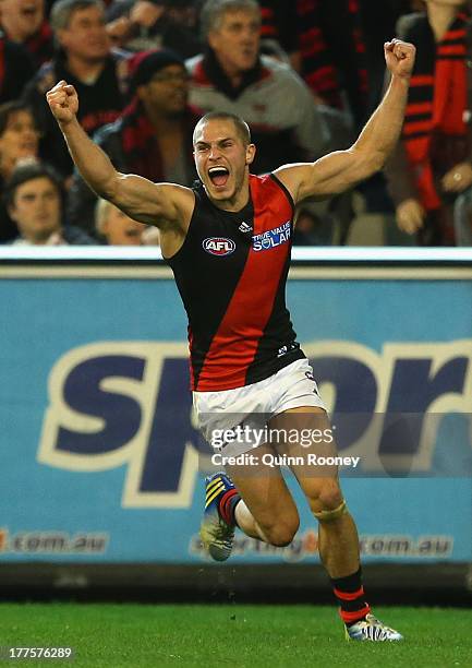 David Zaharakis of the Bombers celebrates kicking the winning goal during the round 22 AFL match between the Carlton Blues and the Essendon Bombers...