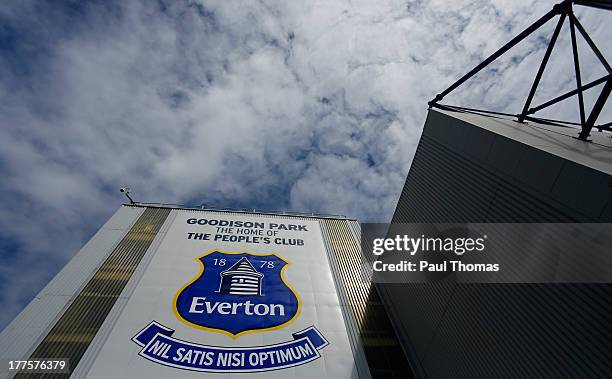 General view of the Everton logo before the Barclays Premier League match between Everton and West Bromwich Albion at Goodison Park on August 24,...