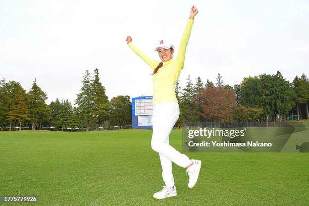 Mone Inami of Japan celebrates winning the tournament following the final round of the TOTO Japan Classic at the Taiheiyo Club's Minori Course on...