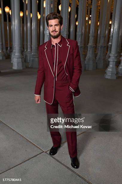 Andrew Garfield, wearing Gucci, attends the 2023 LACMA Art+Film Gala, Presented By Gucci at Los Angeles County Museum of Art on November 04, 2023 in...
