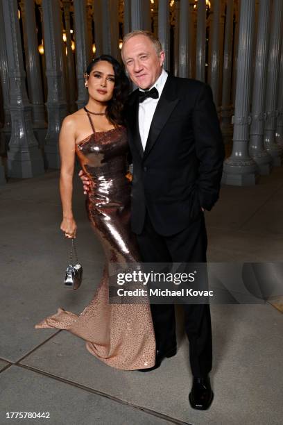 Salma Hayek, wearing Gucci, and François-Henri Pinault attend the 2023 LACMA Art+Film Gala, Presented By Gucci at Los Angeles County Museum of Art on...