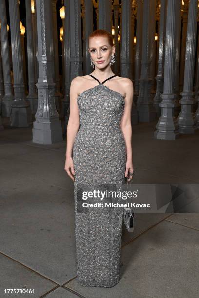 Jessica Chastain, wearing Gucci, attends the 2023 LACMA Art+Film Gala, Presented By Gucci at Los Angeles County Museum of Art on November 04, 2023 in...