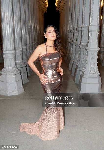 Salma Hayek, wearing Gucci, attends the 2023 LACMA Art+Film Gala, Presented By Gucci at Los Angeles County Museum of Art on November 04, 2023 in Los...