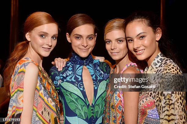 Models prepare backstage ahead of the MBFWA Trends show during Mercedes-Benz Fashion Festival Sydney 2013 at Sydney Town Hall on August 24, 2013 in...