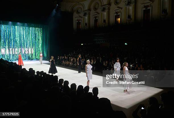 Model showcases designs by Maticevski on the runway at the MBFWA Trends show during Mercedes-Benz Fashion Festival Sydney 2013 at Sydney Town Hall on...