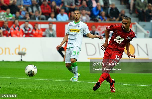 Sidney Sam of Leverkusen scores his teams second goal during the Bundesliga match between Bayer Leverkusen and Borussia Moenchengladbach at BayArena...
