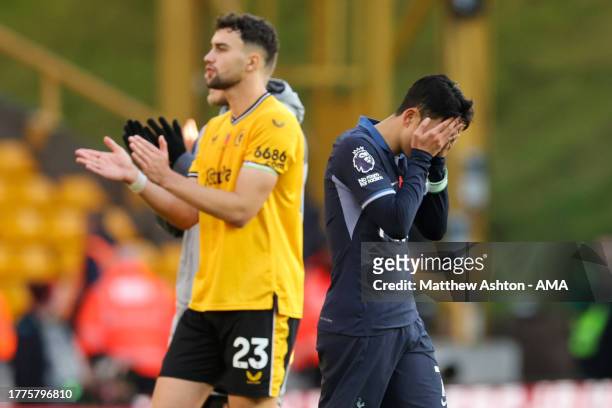 Son Heung-Min of Tottenham Hotspur walks off dejected after losing 2-1 during the Premier League match between Wolverhampton Wanderers and Tottenham...