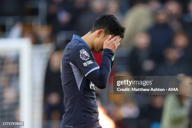 Son Heung-Min of Tottenham Hotspur walks off dejected after losing 2-1 during the Premier League match between Wolverhampton Wanderers and Tottenham...