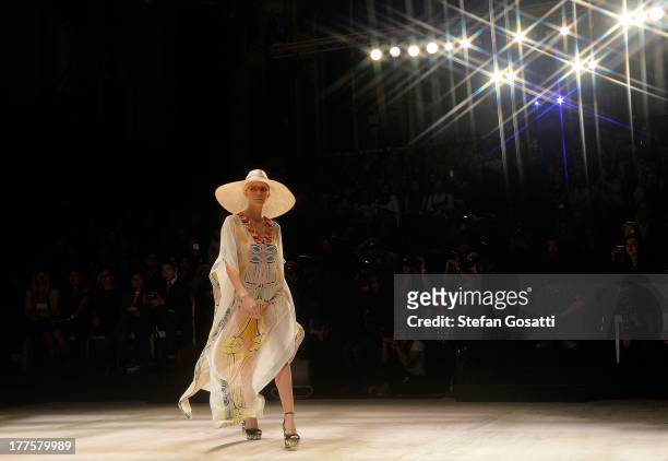 Model showcases designs by Roopa Pemmaraju on the runway at the MBFWA Trends show during Mercedes-Benz Fashion Festival Sydney 2013 at Sydney Town...