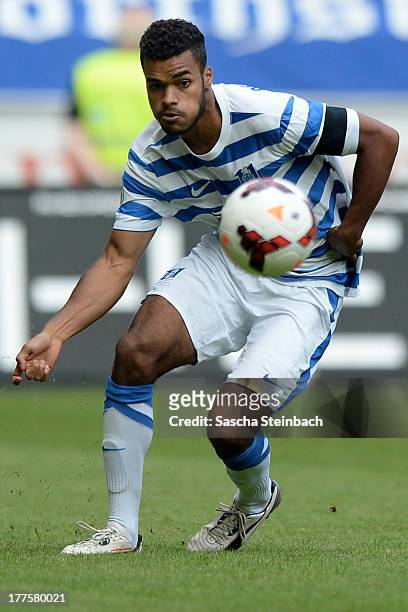 Phil Ofosu-Ayeh of Duisburg runs with the ball during the 3. Liga match between MSV Duisburg and Chemintzer FC at Schauinsland-Reisen-Arena on August...