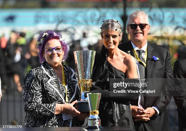 Owner Debbie Kepitis poses with trophy after Riff Rocket won in Race 7, the Penfolds Victoria Derby, during Derby Day at Flemington Racecourse on...