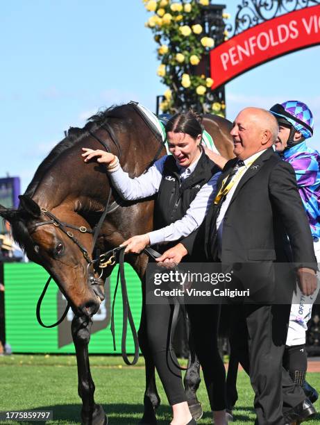 Pride of Jenni after winning Race 8, the Tab Empire Rose Stakes, during Derby Day at Flemington Racecourse on November 04, 2023 in Melbourne,...