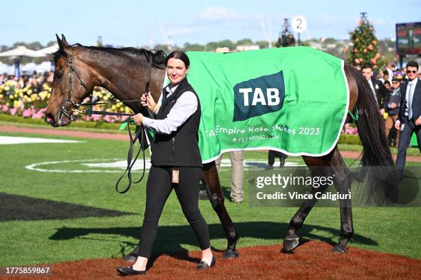 Pride of Jenni after winning Race 8, the Tab Empire Rose Stakes, during Derby Day at Flemington Racecourse on November 04, 2023 in Melbourne,...