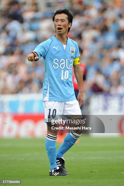 Toshiya Fujita looks on during the "Zenza-Match" before the J.League match between Jubilo Iwata and FC Tokyo at Yamaha Stadium on August 24, 2013 in...