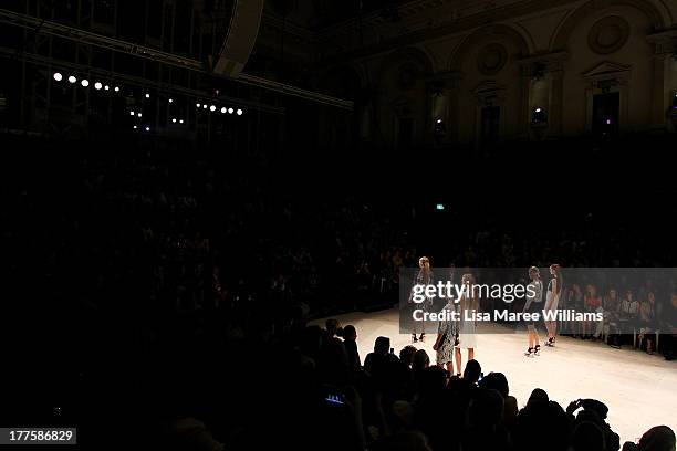 Model showcases designs by Ginger & Smart on the runway at the MBFWA Trends show during Mercedes-Benz Fashion Festival Sydney 2013 at Sydney Town...