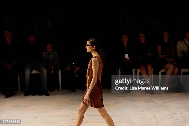 Model showcases designs by Kahlo on the runway at the MBFWA Trends show during Mercedes-Benz Fashion Festival Sydney 2013 at Sydney Town Hall on...