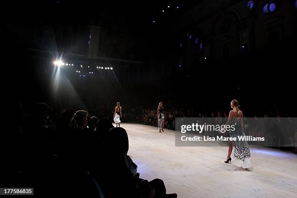 Model showcases designs by Suboo on the runway at the MBFWA Trends show during Mercedes-Benz Fashion Festival Sydney 2013 at Sydney Town Hall on...