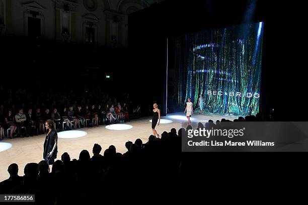 Models showcases designs by Bec & Bridge on the runway at the MBFWA Trends show during Mercedes-Benz Fashion Festival Sydney 2013 at Sydney Town Hall...