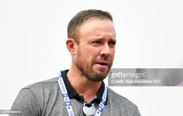 De Villiers looks on ahead of the ICC Men's Cricket World Cup India 2023 between India and South Africa at Eden Gardens on November 05, 2023 in...