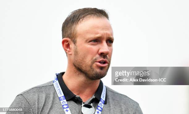 De Villiers looks on ahead of the ICC Men's Cricket World Cup India 2023 between India and South Africa at Eden Gardens on November 05, 2023 in...