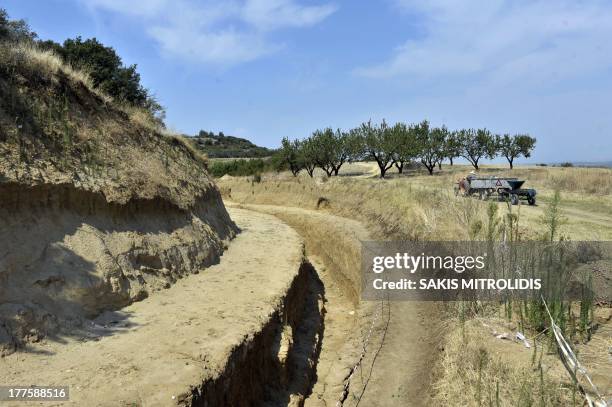 View of a large burial monument dating back to the 4th century B.C., in Kasta, near Amphipolis, some 600km north of Athens, on August 24, 2013. As...