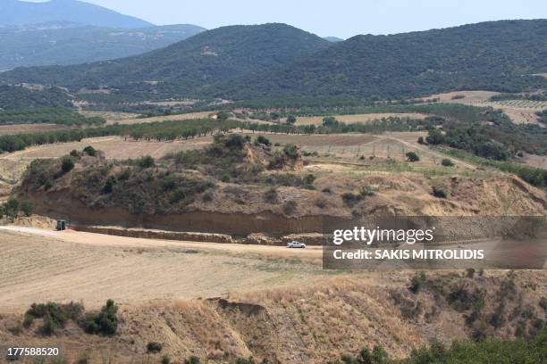 View of a large burial monument dating back to the 4th century B.C., in Kasta, near Amphipolis, some 600km north of Athens, on August 24, 2013. As...