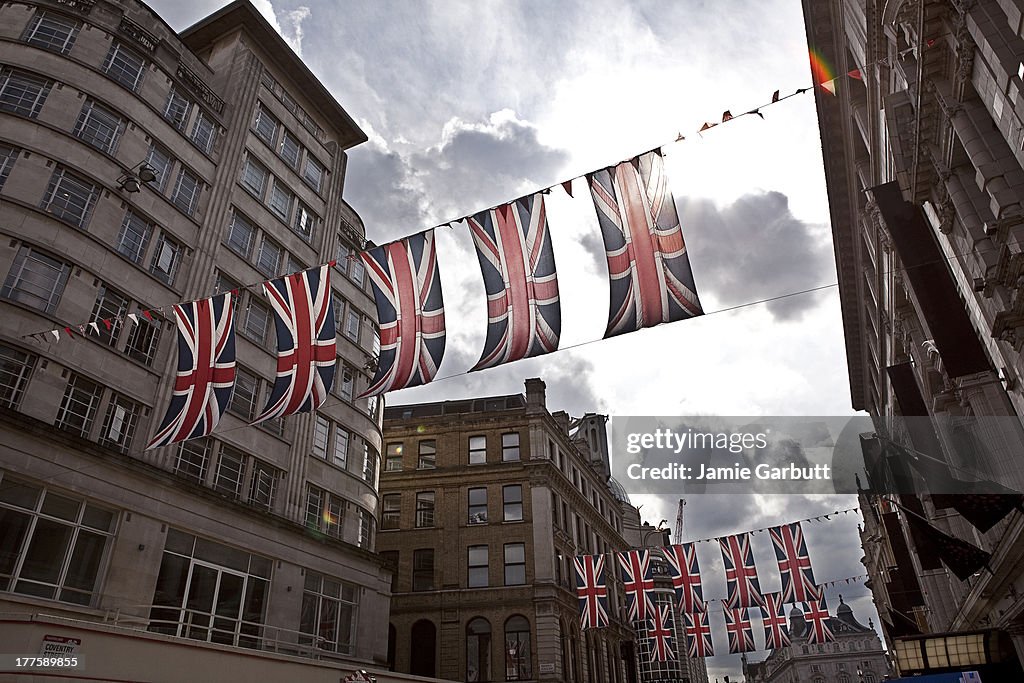 Bunting and Union Jack flags strung across street