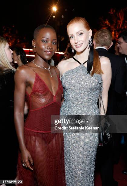 Lupita Nyong'o, wearing Gucci, and Jessica Chastain, wearing Gucci, attend the 2023 LACMA Art+Film Gala, Presented By Gucci at Los Angeles County...