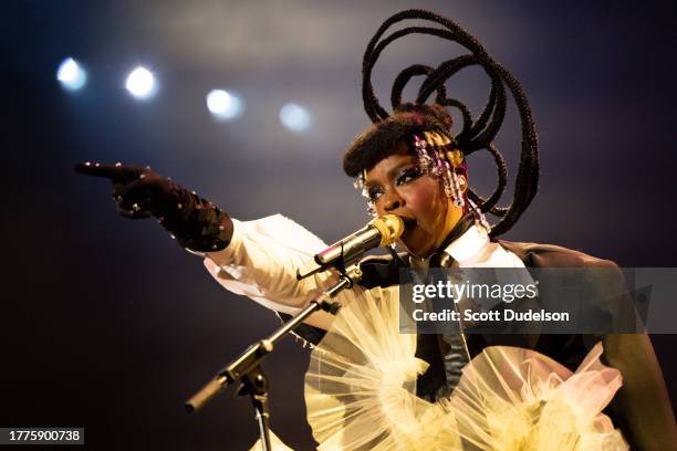 Singer Ms. Lauryn Hill performs onstage with The Fugees at Crypto.com Arena on November 04, 2023 in Los Angeles, California.