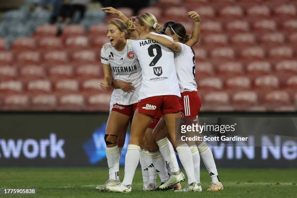 Wanders plaeyers celebrate the goal of Victoria Bruce of the Wanderers during the A-League Women round three match between Newcastle Jets and Western...