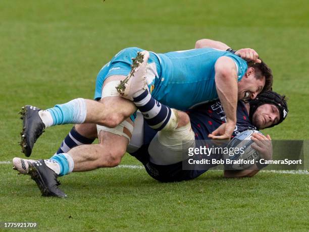 Bristol Bears' Harry Thacker is tackled by Sale Sharks' Ben Curry during the Gallagher Premiership Rugby match between Bristol Bears and Sale Sharks...