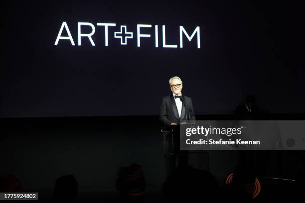 Honoree David Fincher, wearing Gucci, speaks onstage during the 2023 LACMA Art+Film Gala, Presented By Gucci at Los Angeles County Museum of Art on...