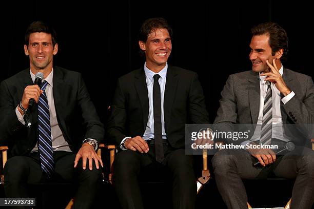 Novak Djokovic of Serbia; Rafael Nadal of Spain and Roger Federer of Switzerland on stage during the ATP Heritage Celebration at The Waldorf=Astoria...
