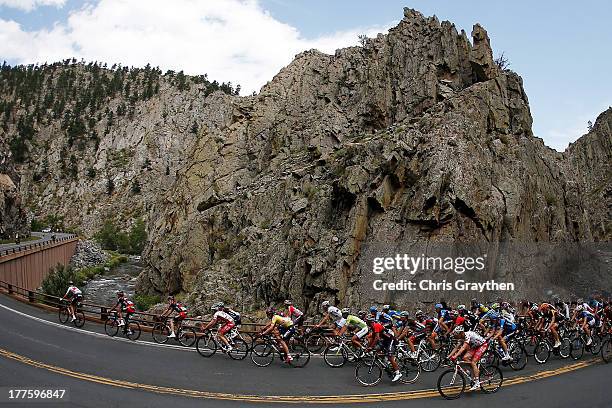 Tejay van Garderen of BMC Racing in the yellow Smashburger leader's jersey rides in the peloton during stage six of the USA Pro Challenge on August...