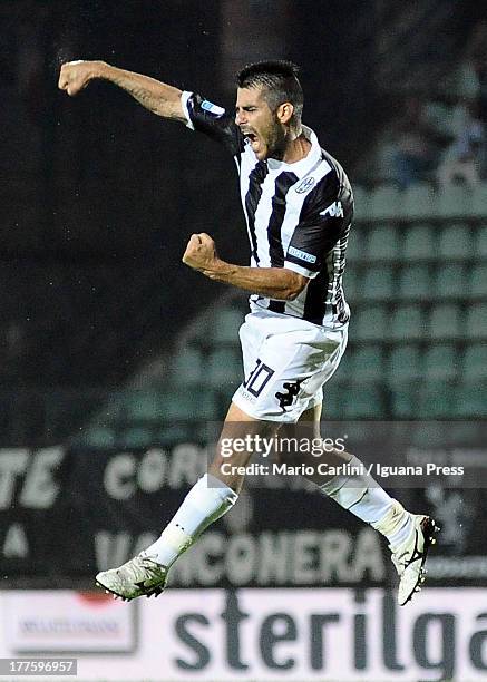 Nico Pulzetti ofAC Siena celebrates after scoring his team's fifth goal during the Serie B match between AC Siena and FC Crotone at Stadio Artemio...