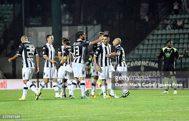 Siena players celebrate at the end of the Serie B match between AC Siena and FC Crotone at Stadio Artemio Franchi on August 24, 2013 in Siena, Italy.