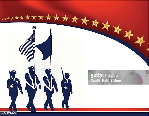 ilustrações, clipart, desenhos animados e ícones de desfile militar soldados com bandeira americana de-forças armadas - veterans day background