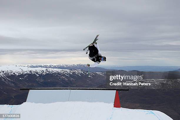 Mcrae Williams of the USA competes in the warm up ahead of the FIS Freestyle Ski Slopestyle World Cup Finals during day 11 of the Winter Games NZ at...